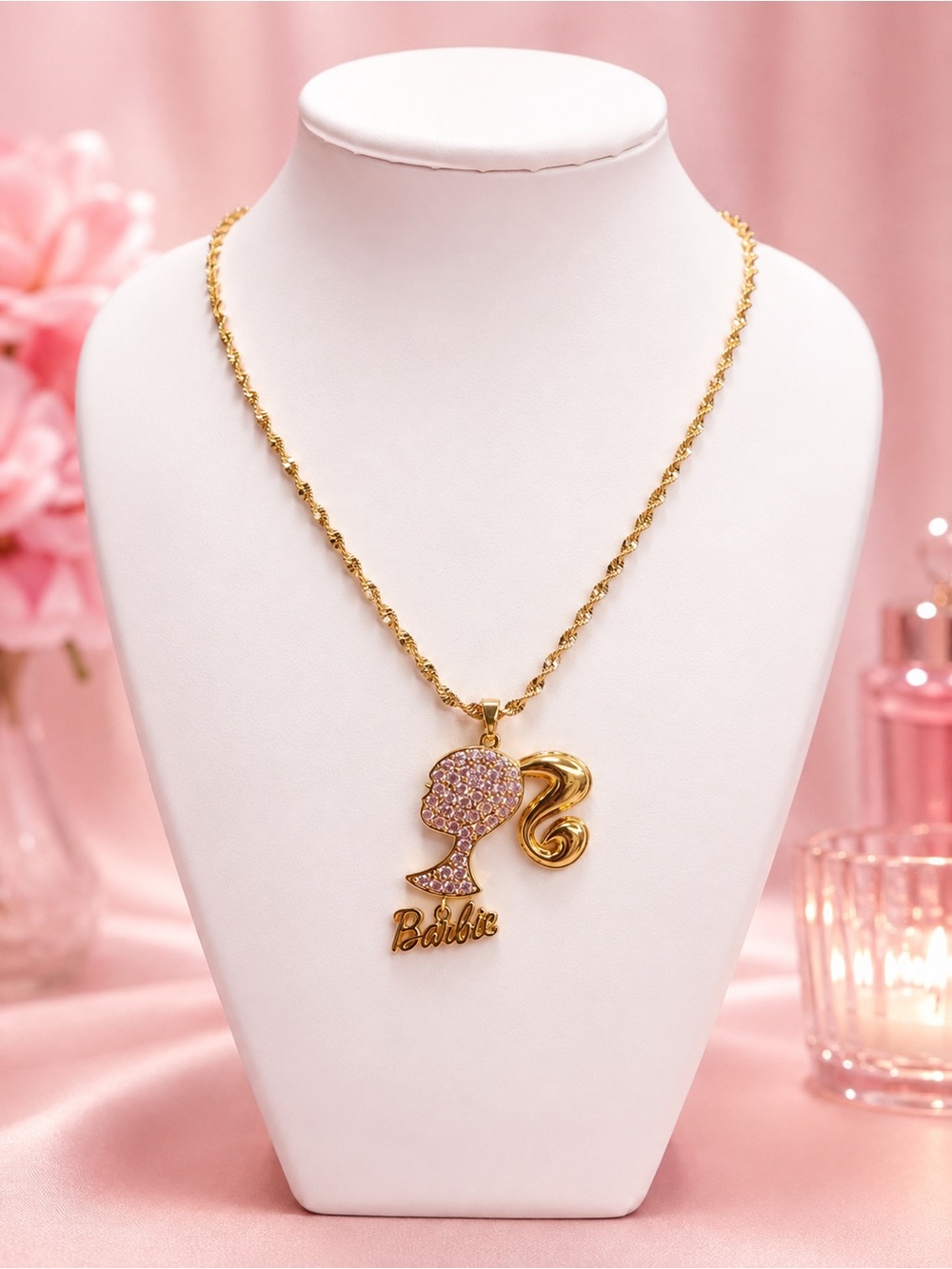 Barbie Pink Rhinestone Pendant Gold Tone Twisted Singapore Chain Necklace